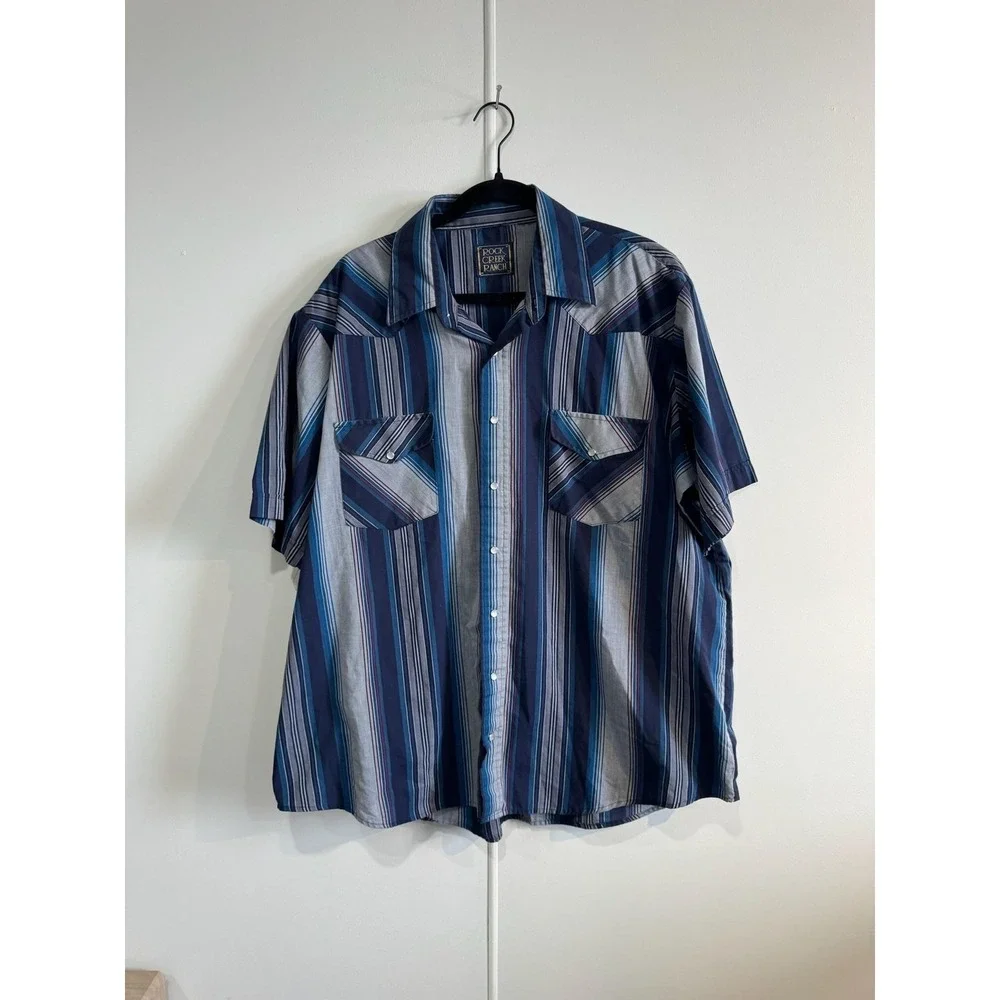 VTG Rock‎ Creek Ranch Shirt Mens 3XL Blue Stripe Button Short Sleeve Western
